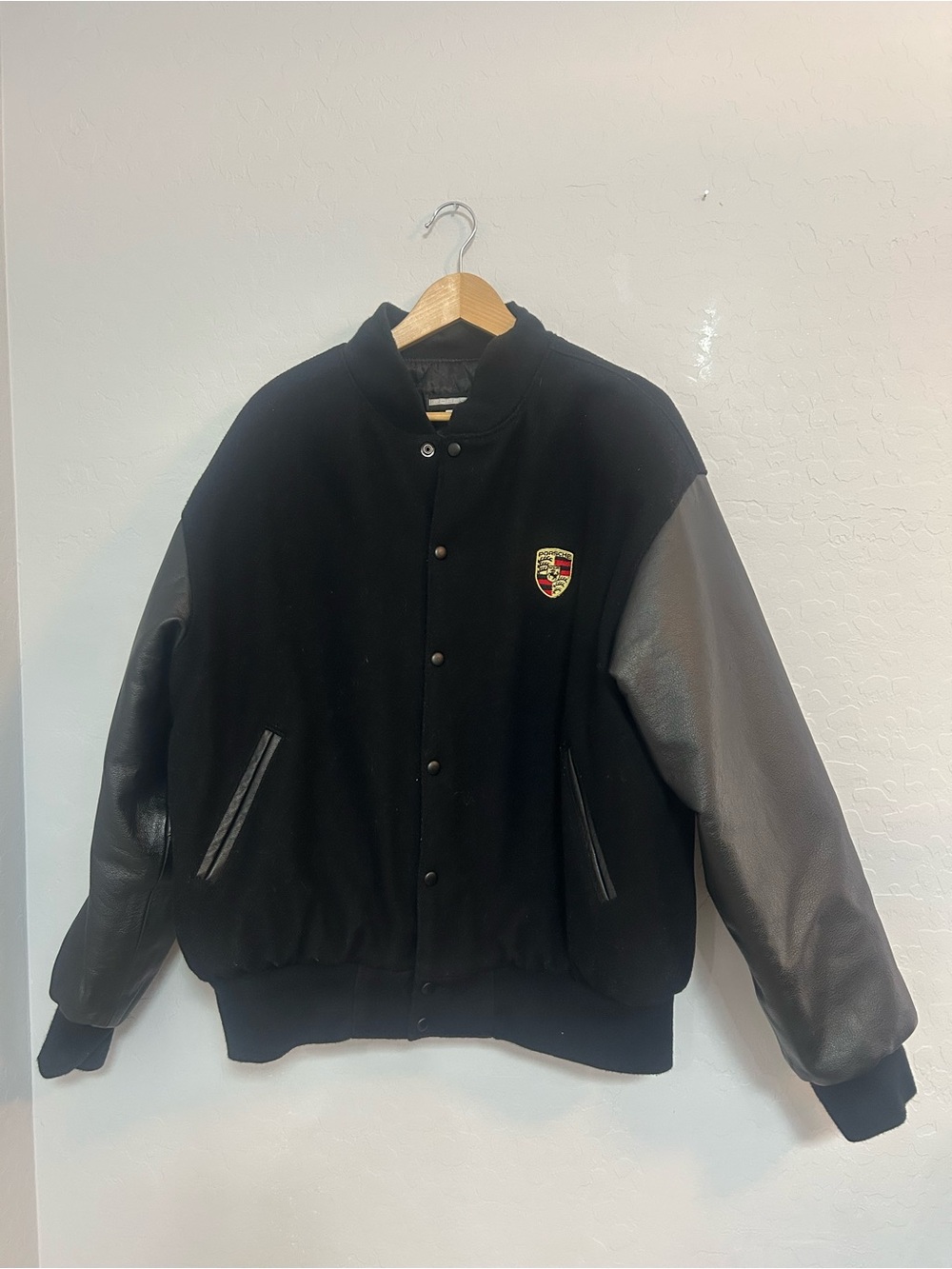Vintage 90’s Porsche Black Leather Wool Varsity Bomber Jacket Size L USA